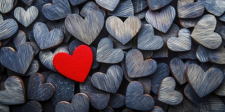 Red heart is in the middle of a pile of blue hearts - Powered by Adobe