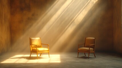 Two empty chairs in a sunlit minimalist room symbolizing conversation and solitude