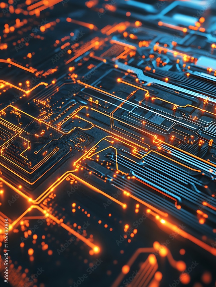 Aufkleber futuristic technology circuit board with glowing orange and blue lines : generative ai