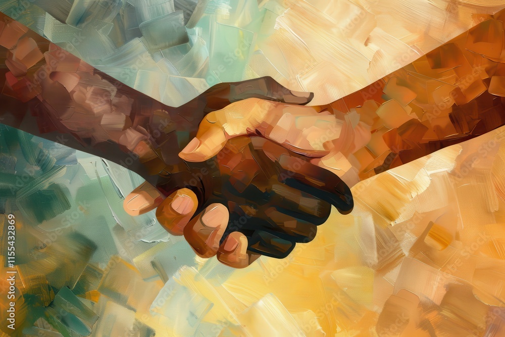 Aufkleber hands clasping in a warm gesture of friendship, symbolizing unity and cooperation amidst a colorful 