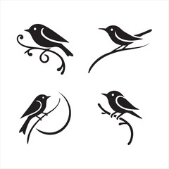 Naklejka premium four black color bird silhouettes sitting on branches with vector eps illustrations on a white background high-quality fully editable file 