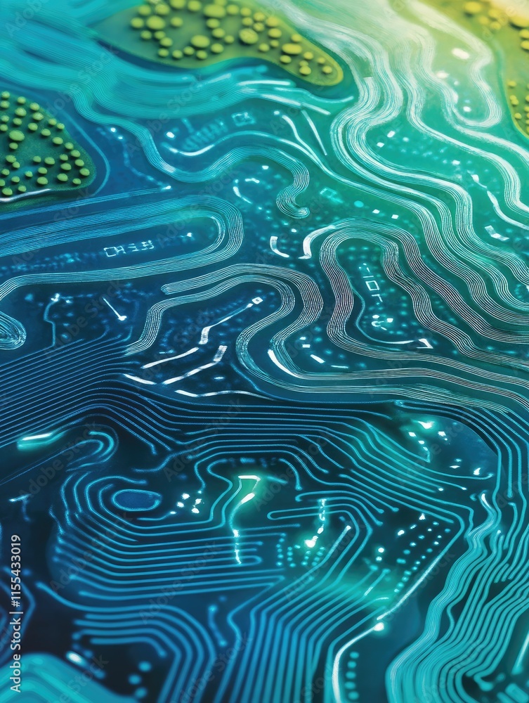 Poster abstract depiction of a circuit board with flowing lines and vibrant colors.