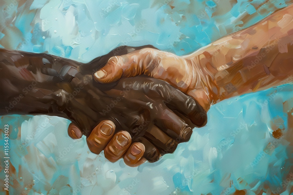 Aufkleber hands clasping in a warm gesture of friendship, symbolizing unity and cooperation amidst a colorful 