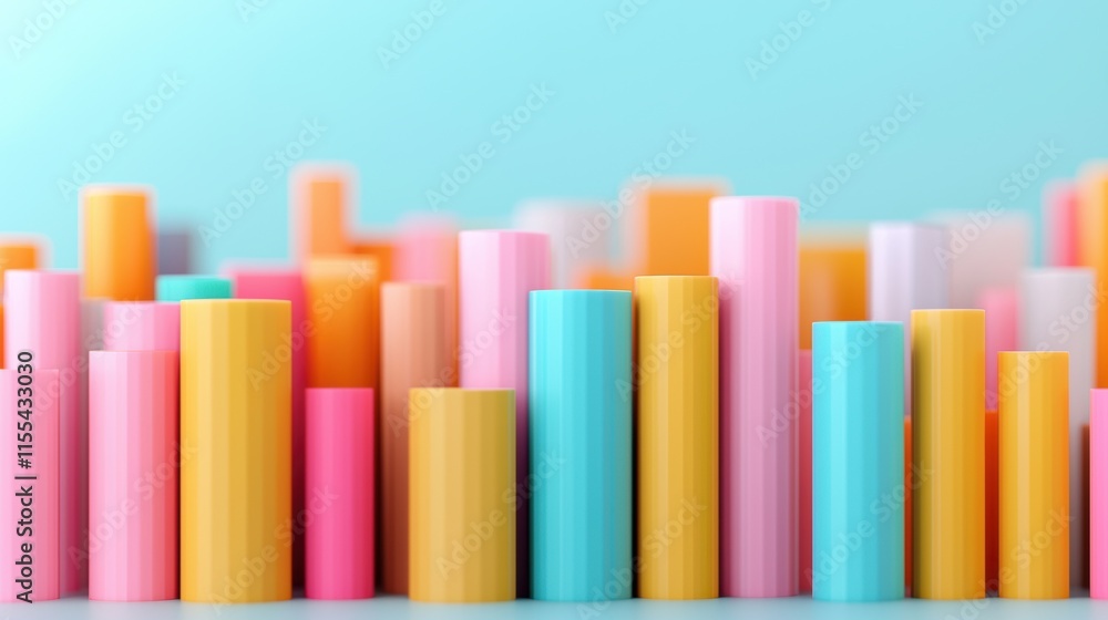 Poster abstract colorful 3d cylinders forming a bar chart on a light blue background, representing data ana