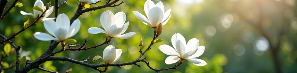 A large magnolia tree with white flowers blooming in a garden, garden bloom, white flowers, magnolia tree