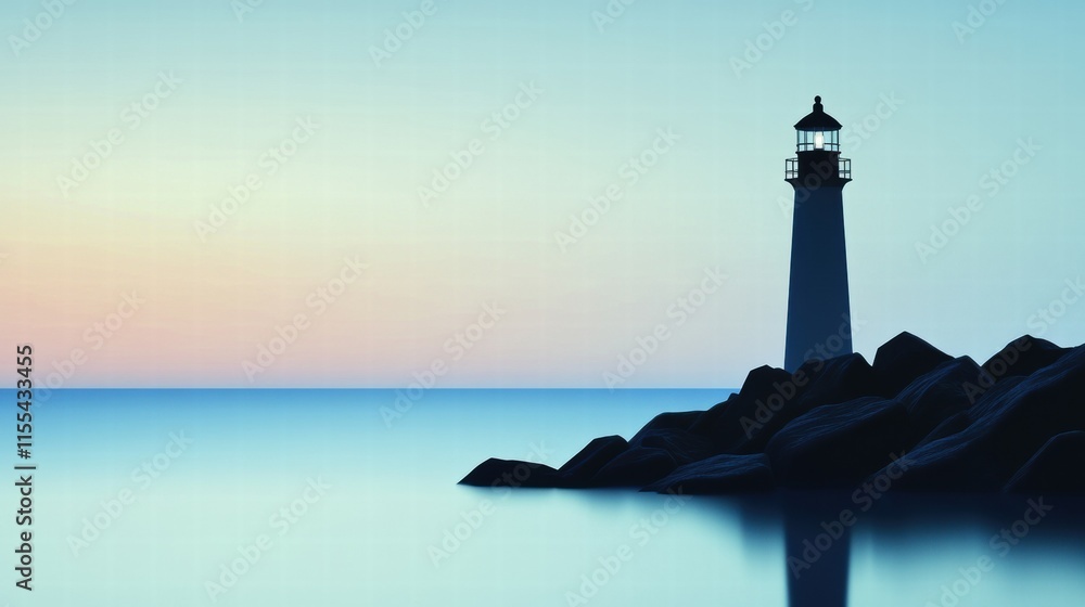Poster lighthouse silhouette at dusk on a rocky coast with calm waters creating a serene atmosphere and spa