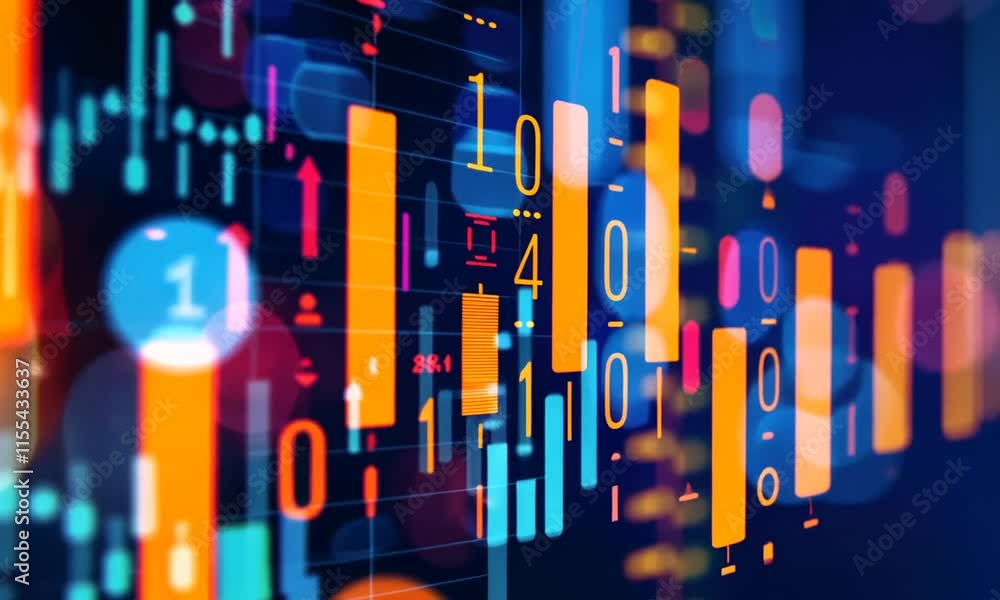 Poster abstract financial data visualization: dynamic stock market charts and numbers