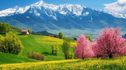 Obraz premium Alpine Meadow Blossoms Under Snowy Peaks