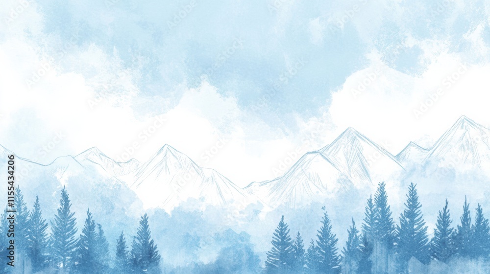 Poster Winter doodle of snowy mountains and pine trees with mock up copy space for minimalist design ideas. Generative AI