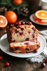 Freshly Baked Cranberry Orange Bread on a Wooden Table with Slices Displayed and Citrus Fruits in the Background for Culinary Inspiration