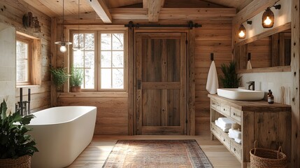 Rustic wooden bathroom interior, cozy cabin style, exposed beams, vaulted ceiling, barn door, natural light, vintage lighting, farmhouse aesthetic, white fixtures, wall-mounted sink, plants.