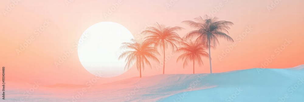 Poster serene palm trees under a vibrant sun with pastel colors and minimalist design in the background. ge