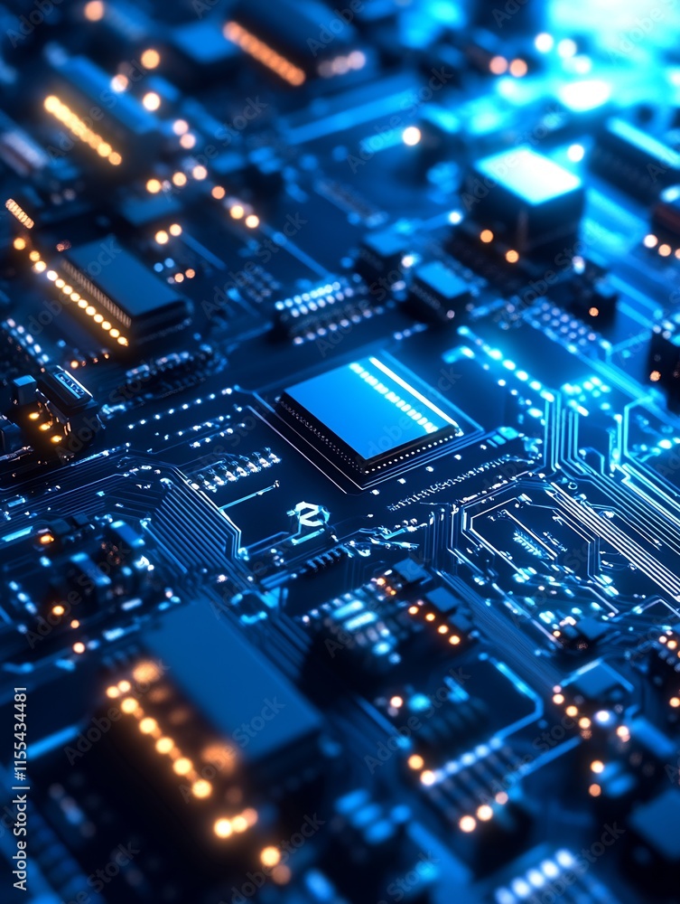 Aufkleber precision circuit board illustrated with blue microchips and luminous networks : generative ai