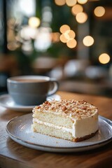 Delicious Almond Ricotta Cake Served on a Plate with a Coffee in a Cozy Cafe with Soft Bokeh Background