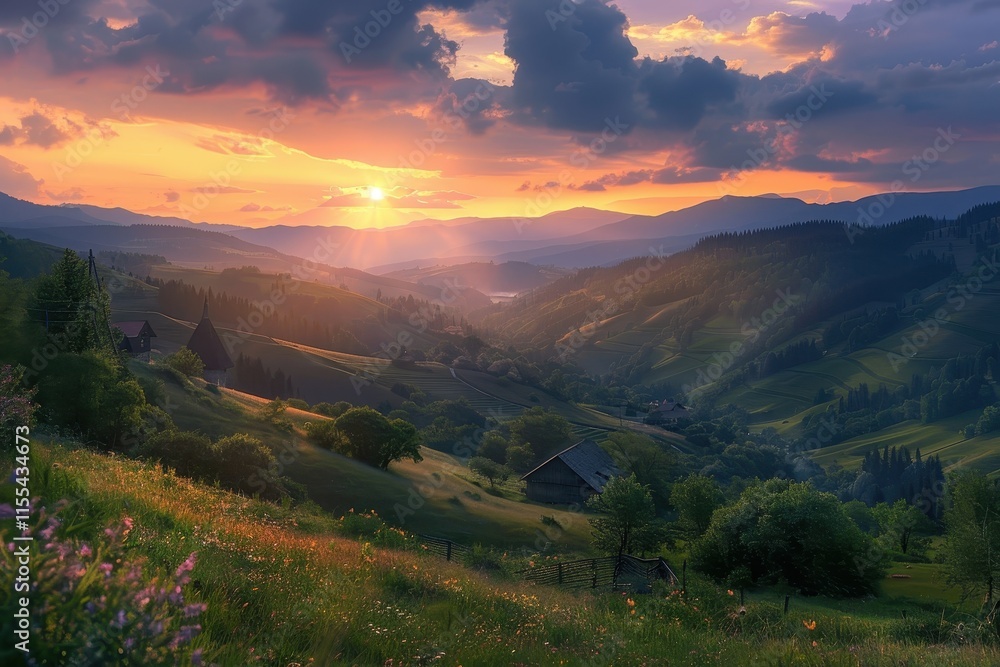 Poster sunset over rolling hills and valleys in a serene landscape with warm hues illuminating the sky and 