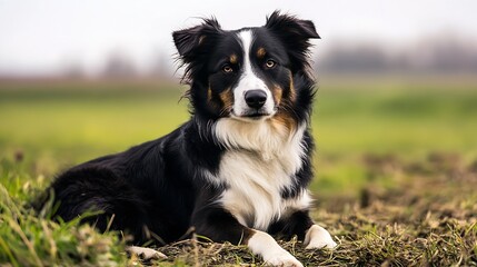 Fototapeta premium Beautiful Border Collie Dog Relaxing in Scenic Grassy Field on Overcast Day : Generative AI