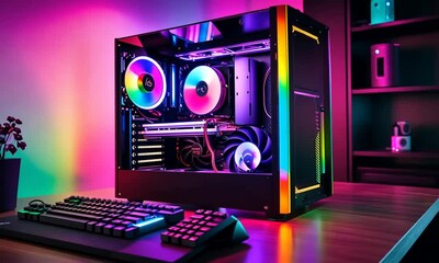 Glowing computer setup with rgb lights on desk.