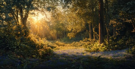 Naklejka premium Serene Forest Landscape at Sunrise with Gentle Light Filtering Through Trees and Carpet of Blue Flowers Creating a Magical Atmosphere of Tranquility and Beauty