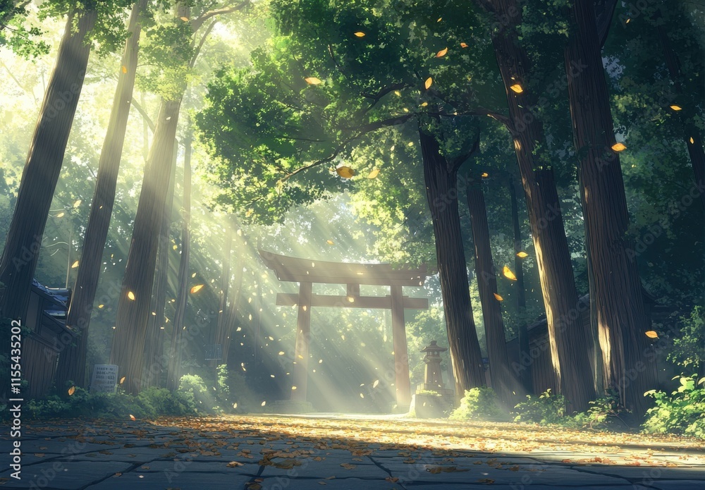 Poster serene forest path with sunlight filtering through trees leading to a torii gate surrounded by falli