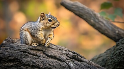 Squirrel Resting on a Tree Branch in Lush Forest Setting During Fall : Generative AI