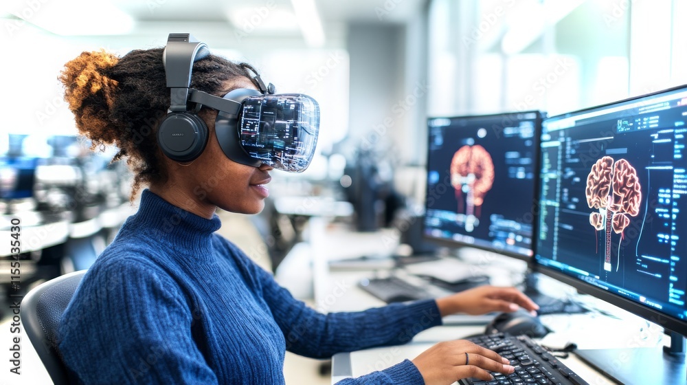 Poster innovative technology: exploring virtual reality with advanced software in a modern workspace