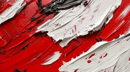 Abstract painting with bold red, white, and black textures creating dynamic visual interest.
