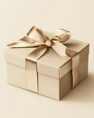 Obraz premium Beige gift box with champagne ribbon bow on neutral background