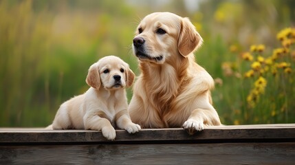 Golden retriever mother with puppy on scenic wooden deck : Generative AI