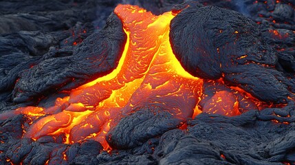 Fiery Lava Strips Cooling on Basaltic Surface in Volcanic Area : Generative AI