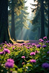 Amidst towering conifers and ferns, a vibrant patch of purple heather blooms on the sunlit edge of a quiet forest glade, forest, flowers