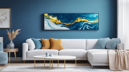 Modern living room with a stylish sofa, decorative pillows, and abstract wall art.