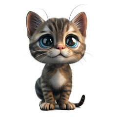 A 3D cartoon-style tabby kitten with large, shiny blue eyes and soft fur. The kitten’s adorable expression and small, round body make it irresistibly cute and heartwarming PNG