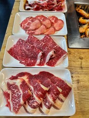 Close up sliced Wagyu beef steak prepared for Yakiniku (Japanese barbecue)
