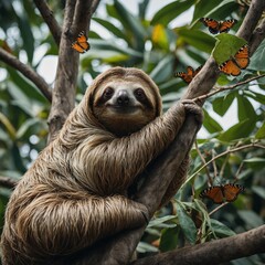 A sloth resting on a branch with butterflies fluttering nearby.