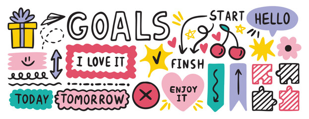 Memo icon, sticker for school, girls. Diary bullet notes cute journal border elements. 