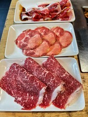 Close up sliced Wagyu beef steak prepared for Yakiniku (Japanese barbecue)