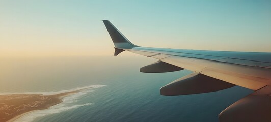 
View from an airplane window showing a wing flying ocean. Clear blue sky