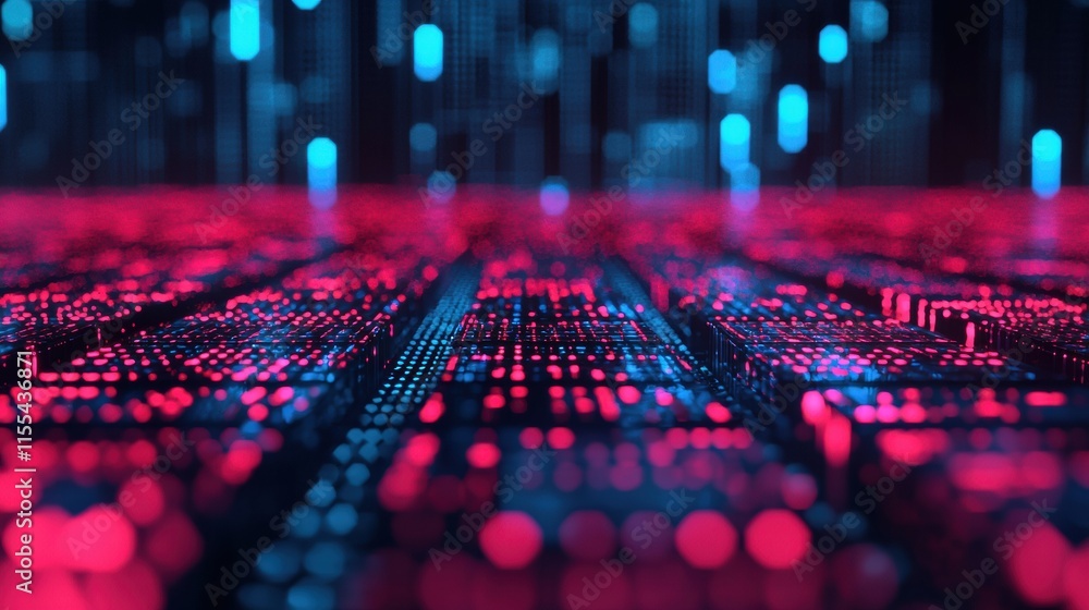 Poster digital information flowing and transforming into a futuristic cityscape, creating a vibrant and dyn
