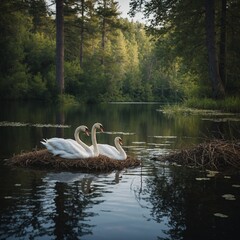 A pair of swans nesting by the edge of a serene forest lake.