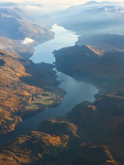 Majestic Aerial Panorama of River Flowing Through Serene Mountain Valley : Generative AI