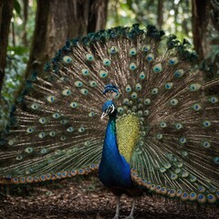 A peacock opening its feathers in a vibrant rainforest.