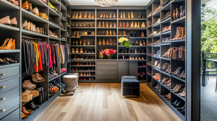 Create an organized and stylish footwear display by incorporating shoe storage walls or shoe libraries, offering a practical and visually appealing way to showcase your shoe collection