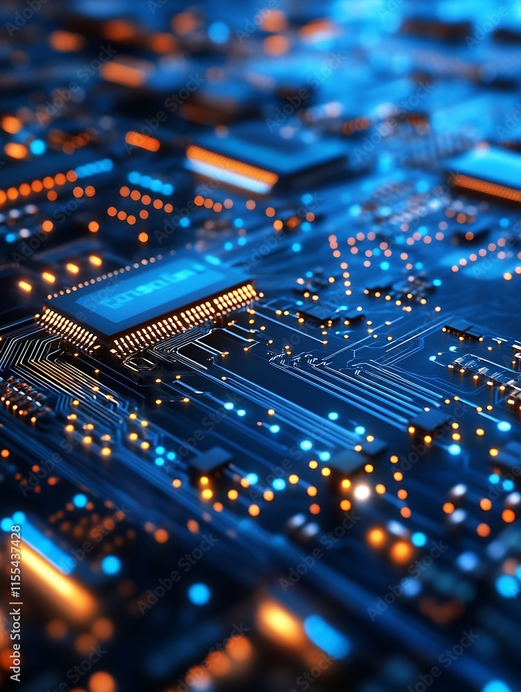 Fototapete close up view of a glowing circuit board with illumination and connections : generative ai