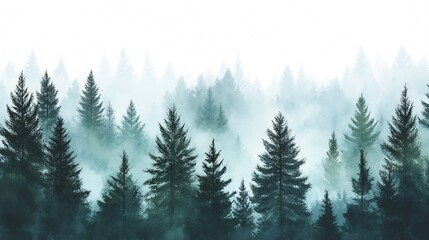 Fototapeta premium Mystical Foggy Forest with Silhouetted Spruce Trees Creating an Enchanting and Peaceful Landscape : Generative AI