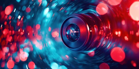 Blurry image of a camera lens with a red and blue background