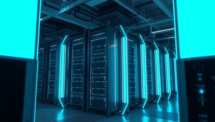 Futuristic Server Room With Bright Neon Blue Lighting