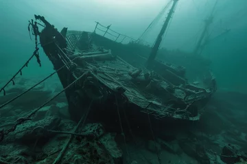 Fototapeten Dramatic underwater wreckage of a sunken ship rests silently on the ocean floor surrounded by marine life in a murky environment © SaroStock