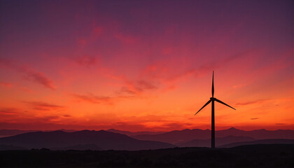 Wind turbine silhouetted against a colorful sunset sky, International Earth Day Theme