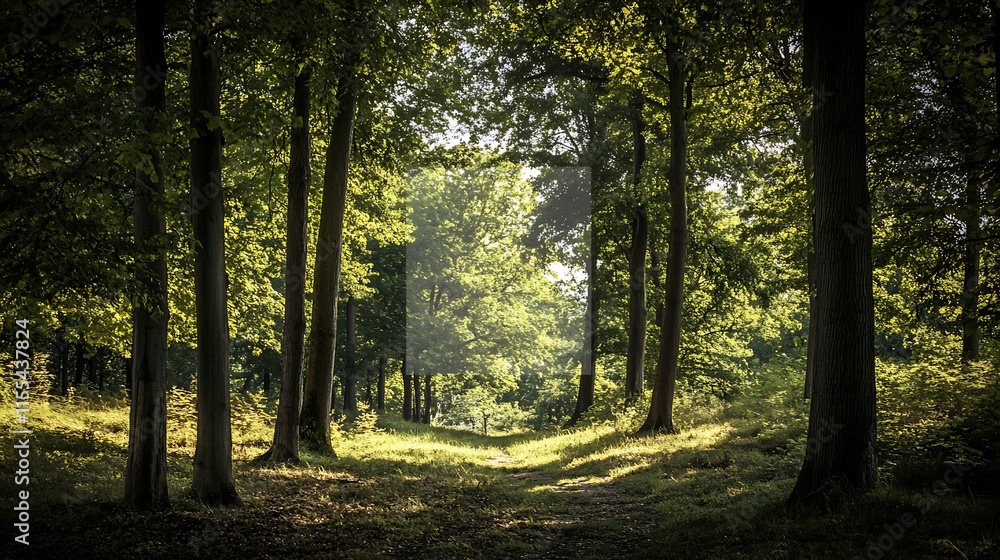 Poster Golden Afternoon Light Filtering Through Grand Forest Pathway : Generative AI