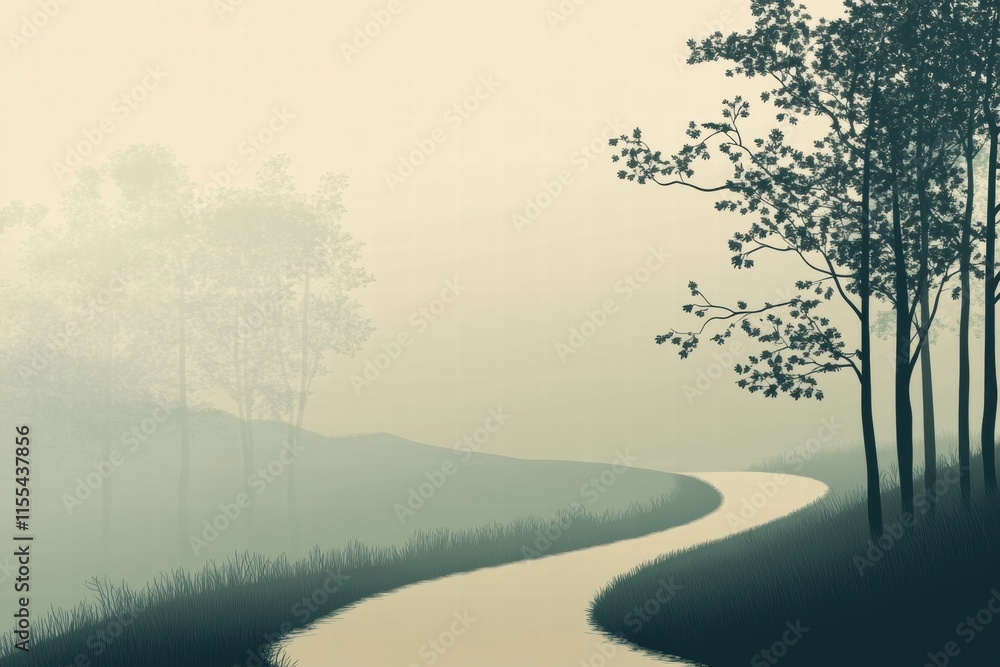 Poster winding forest path invites exploration through minimalist nature landscape. generative ai